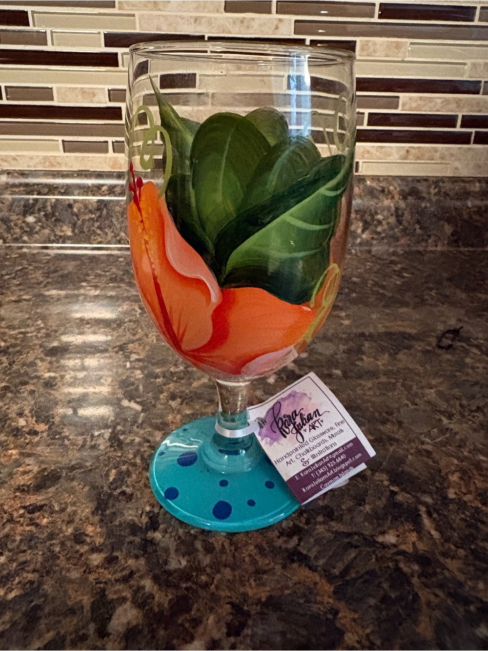 Hand-Painted Polka Dot floral Wine Glass - Turquoise & Blue